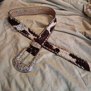 WOMEN'S WESTERN CRYSTAL RHINESTONE Genuine FUR LEATHER BELT - Size Small